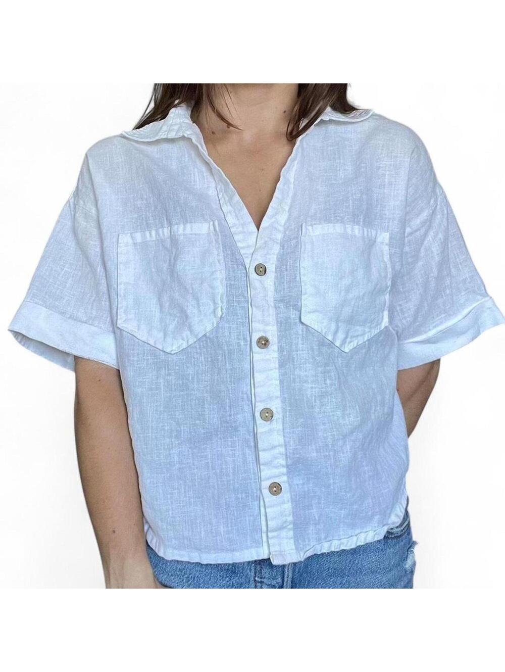 White Linen Short Sleeve Button Up with Front Pockets
